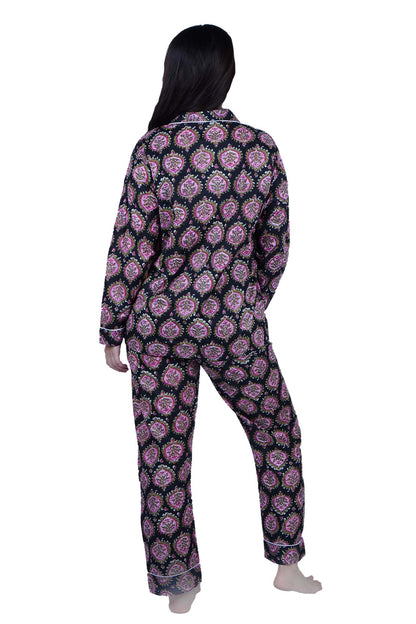 Long Cotton Pyjama Set - Black Pink Paisley