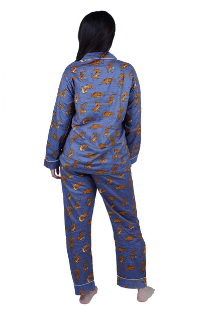 Long Cotton Pyjama Set - Tiger Print On Grey