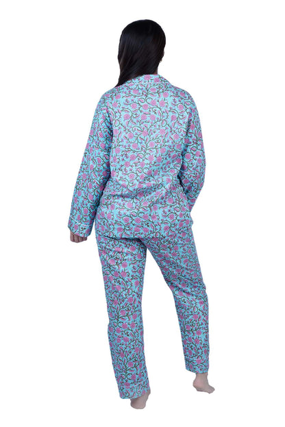 Long Cotton Pyjama Set - Blue Pink Floral