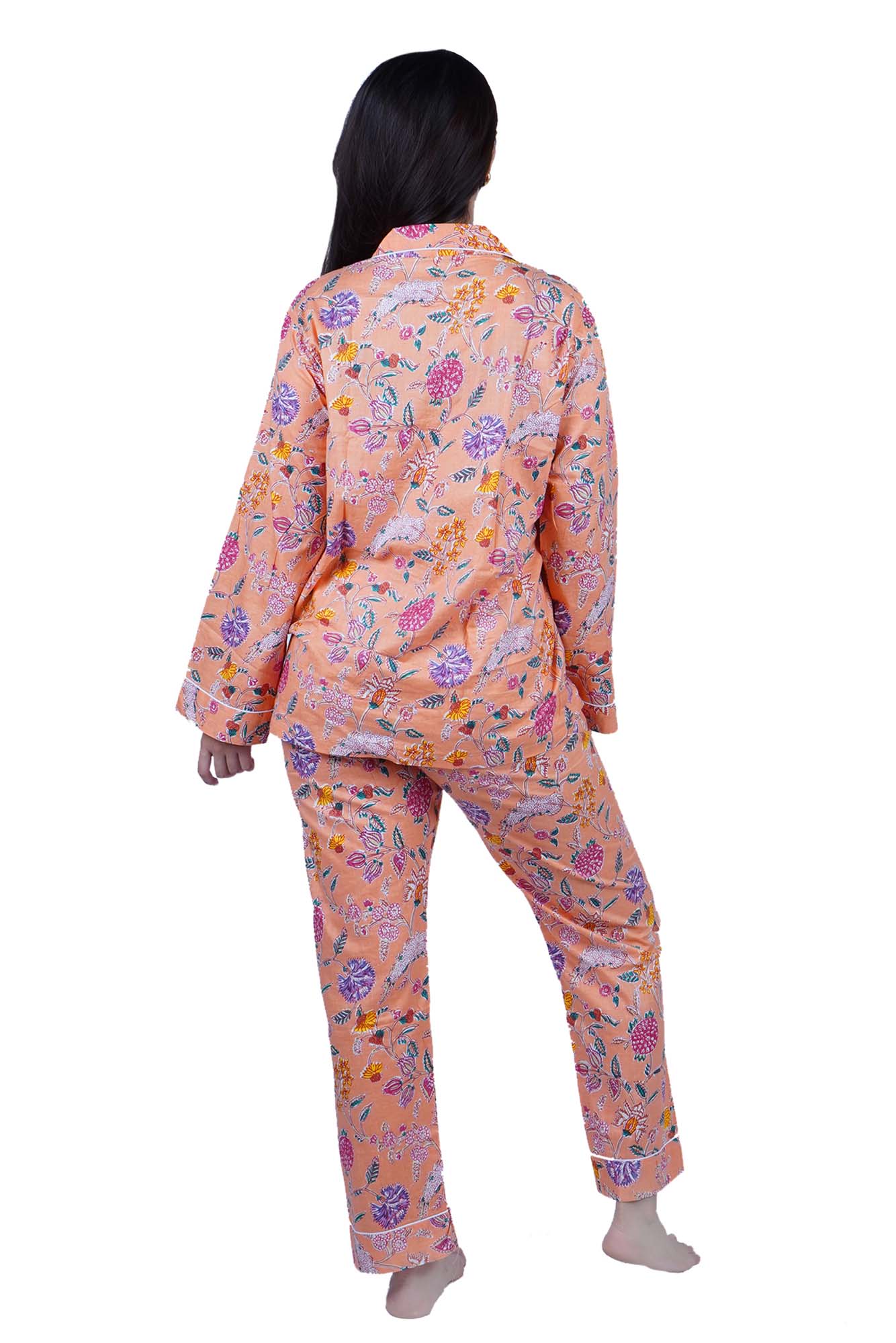 Long Cotton Pyjama Set - Peach Floral