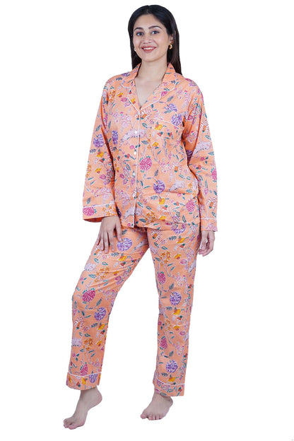 Long Cotton Pyjama Set - Peach Floral