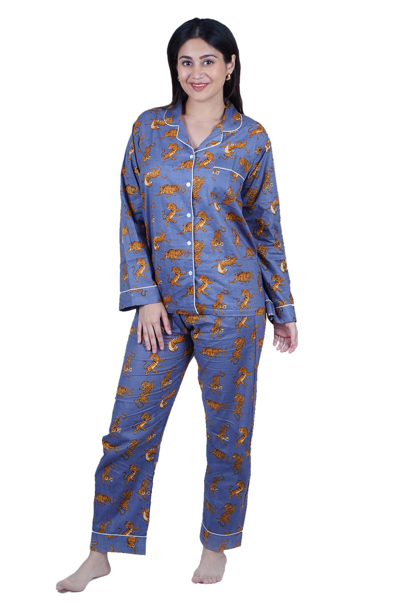 Long Cotton Pyjama Set - Tiger Print On Grey