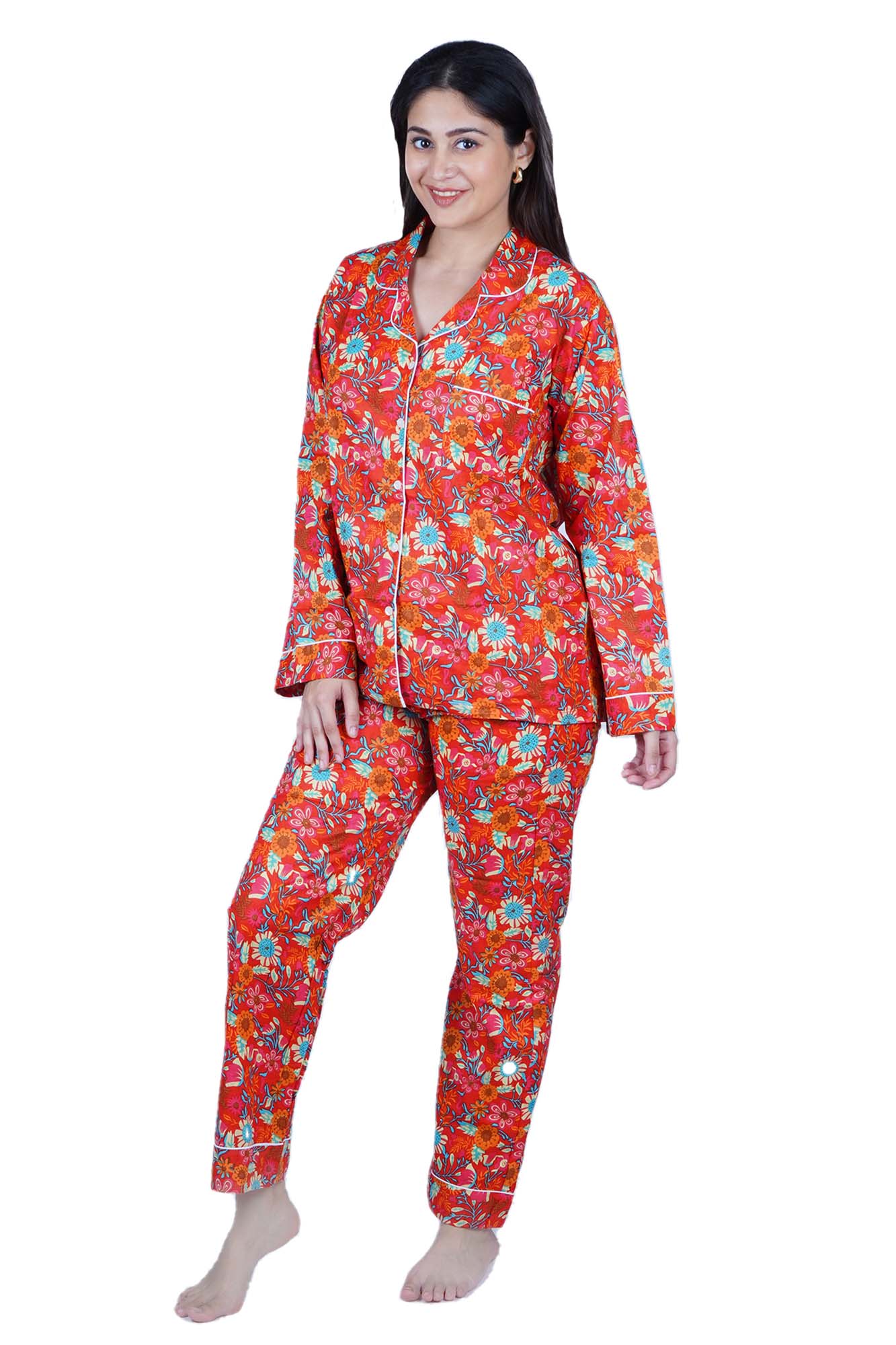 Long Cotton Pyjama Set - Red Floral