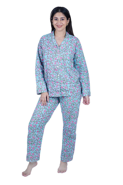 Long Cotton Pyjama Set - Blue Pink Floral