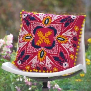 Pink Suzani Woolen Embroidered Cotton Cushion Cover With Pom Pom