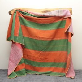 Reversible Green Orange Striped Vintage Patchwork Kantha Quilt