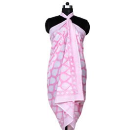 Hand Block Print Voile Soft Cotton Sarong-  Pink White Winter Leaf