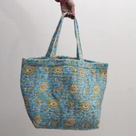 Block Printed Cotton Quilted Beach Bag – Blue Yellow Floral