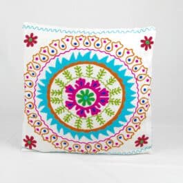Suzani Woolen Embroidered Cotton Cushion Cover – White Mandala Pattern