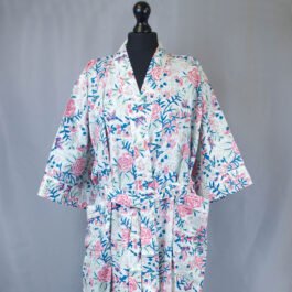 Pink Floral Bloom On Light Mint White Screen Printed Cotton Kimono Dressing Gown