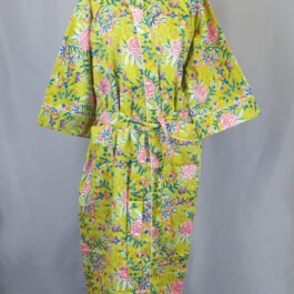 Green Floral Screen Printed Cotton Kimono Dressing Gown