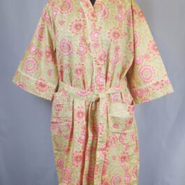 Pink Sunflowers On Beige Base Screen Printed Cotton Kimono Dressing Gown