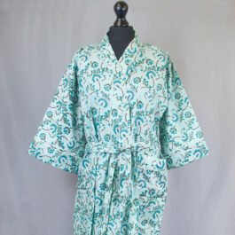 Light Teal Floral Screen Printed Cotton Kimono Dressing Gown