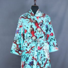 Luxury Aqua Bird of Paradise Velvet Kimono Dressing Gown