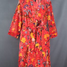 Luxury Red Bird Floral Velvet Kimono Dressing Gown