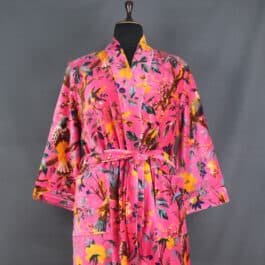 Luxury Pink Yellow Bird Floral Velvet Kimono Dressing Gown