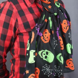 Halloween Theme Lightweight Scarf With Spooky Scary Skulls, Pumpkins, Bats Pattern- Multicolor