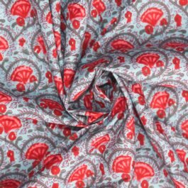 Hand Screen Print Coral Blue Red Floral 100% Cotton Dress Fabric Design 440