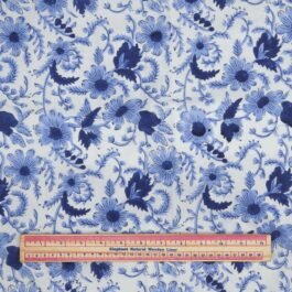 Hand Screen Print White Blue Floral 100% Cotton Dress Fabric Design 443