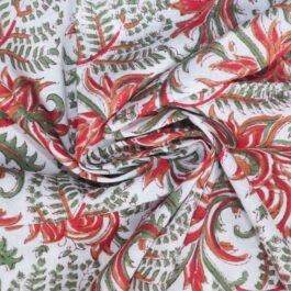 Hand Screen Print White Red Floral 100% Cotton Dress Fabric Design 448