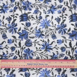 Hand Block Print White Blue Floral 100% Cotton Dress Fabric Design 431