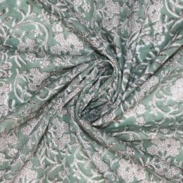 Hand Block Print Spanish Green White Floral 100% Cotton Dress Fabric Design 470