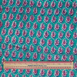 Hand Block Print Green With Pink Blue Motif 100% Cotton Dress Fabric Design 505