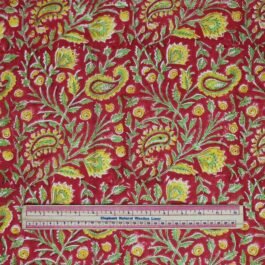 Hand Block Print Red With Yellow Green Paisley 100% Cotton Dress Fabric Design 515