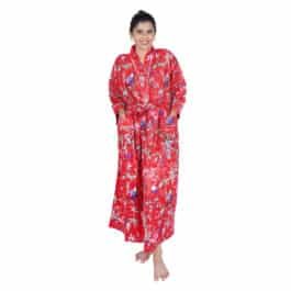 Red Tropical Birds Print Cotton Kimono Dressing Gown