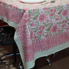 Block Printed Rectangle Tablecloth Table Cover- White Pink Floral
