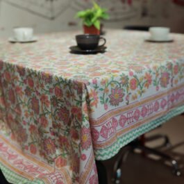 Block Printed Rectangle Tablecloth Table Cover- Pink Mauve Flowers