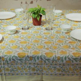 Block Printed Rectangle Tablecloth Table Cover- White Yellow Lotus