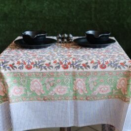 Block Printed Rectangle Tablecloth Table Cover- White Red Floral