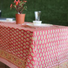 Block Printed Rectangle Tablecloth Table Cover- Red Yellow Floral