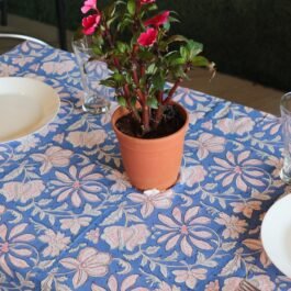 Block Printed Rectangle Tablecloth Table Cover- Blue Floral