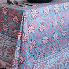 Block Printed Rectangle Tablecloth Table Cover- Blue Red Floral