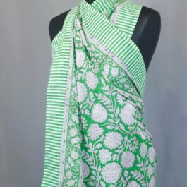 Hand Block Print Voile Soft Cotton Sarong – Green White Floral